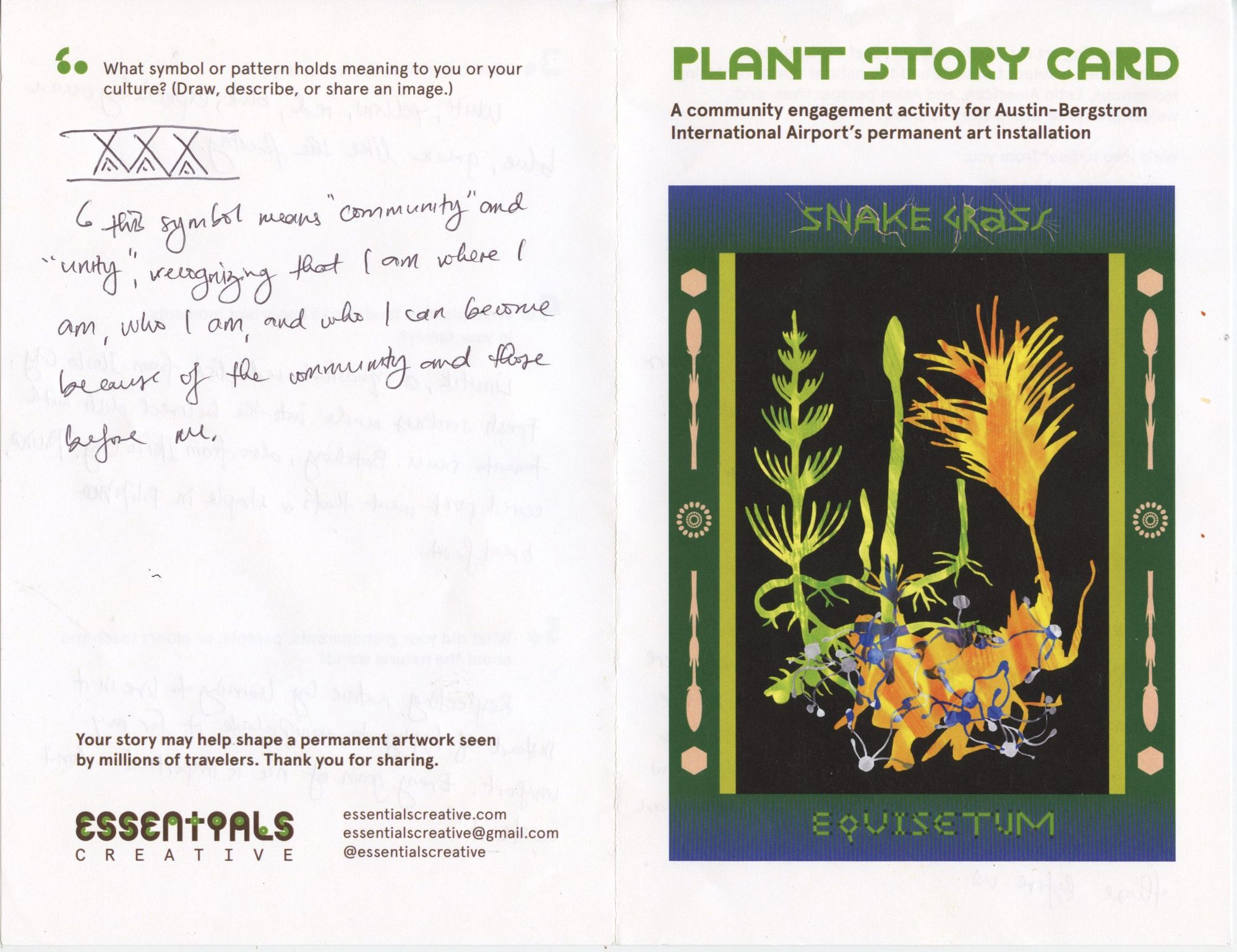 A handwritten Plant Story Card response beside the printed snake grass artwork.
